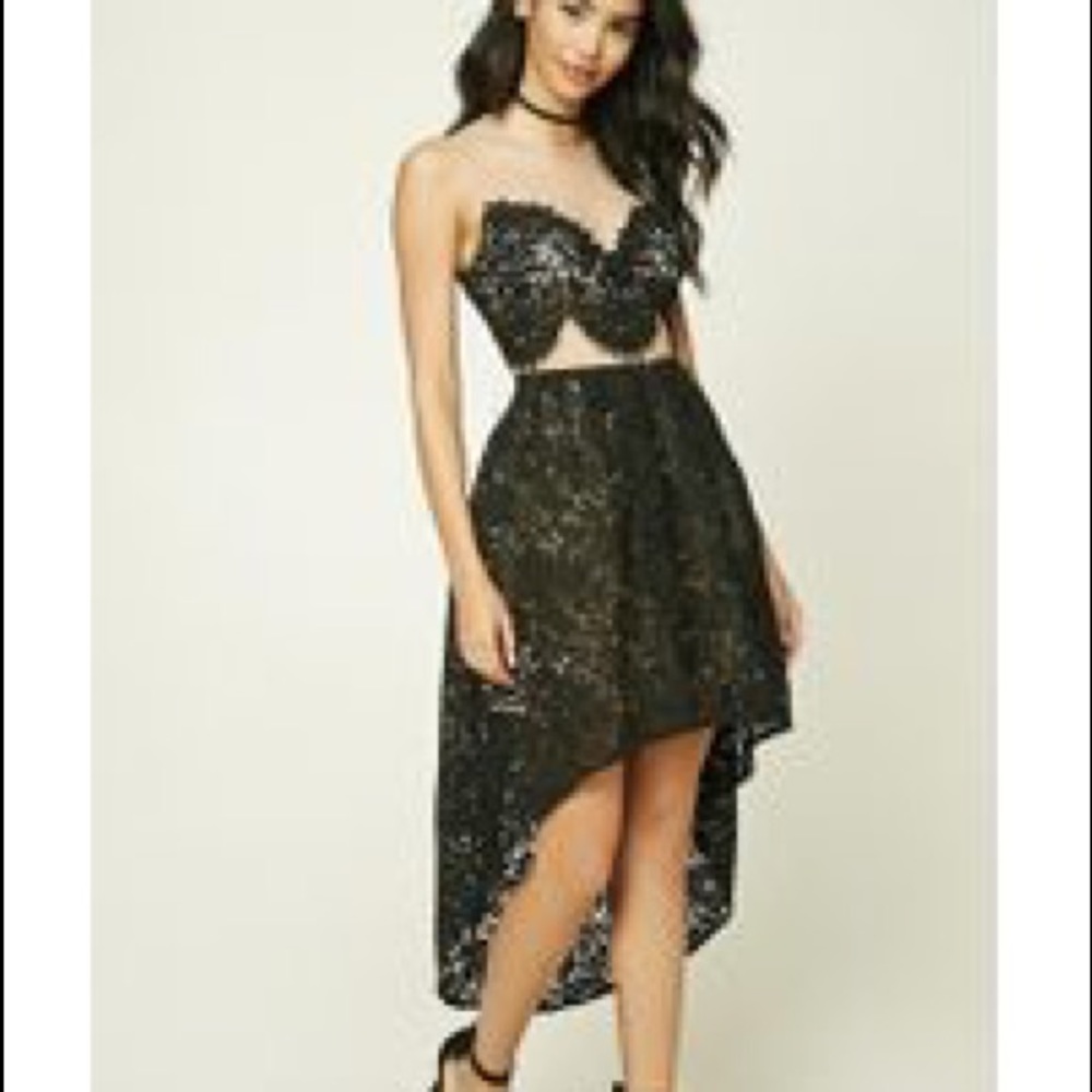 Hi-Low black lace dress with nude mesh